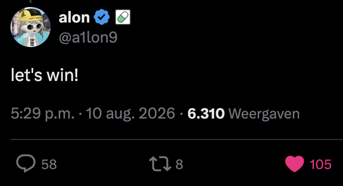 A tweet from verified user Alon (@a1lon9), co-founder of pump.fun, with a pill emoji, simply states "let's win!" posted on August 10, 2026, receiving 105 likes and 58 replies, showing his engagement in the comments of a successful trader's post about their top position $KIO.