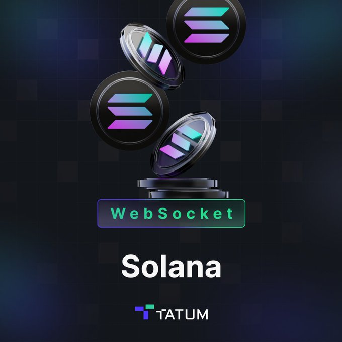 A Tatum promotional graphic featuring Solana WebSocket with multiple purple and blue Solana coin logos stacked above a button labeled 'WebSocket'.