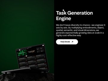 A promotional graphic for a 'Task Generation Engine' featuring a laptop displaying a dark-themed interface, with text explaining how the service engineers data for various modalities.
