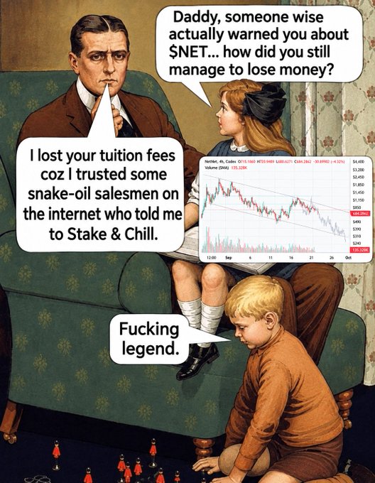 A satirical vintage-style illustration meme depicting a family on a couch, where a father explains to his daughter that he lost her tuition money to online "snake-oil salesmen" on "Stake & Chill," with the son labeling him a "Fucking legend."