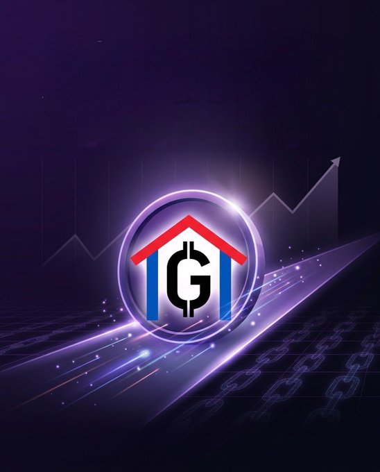 A stylized graphic featuring a house icon with a 'G' letter inside a glowing circle, set against a purple background with an upward trending arrow and chain link patterns.