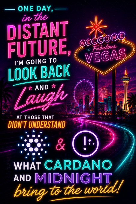 The image features a neon sign that reads "One day, in the distant future #Cardano #Midnight #and #bringtotheworld!". The neon sign has a cityscape background with buildings at night, including a Ferris wheel. The text on the sign is written in a playful and humorous style, making it an interesting piece of art or decoration for the viewer to enjoy.