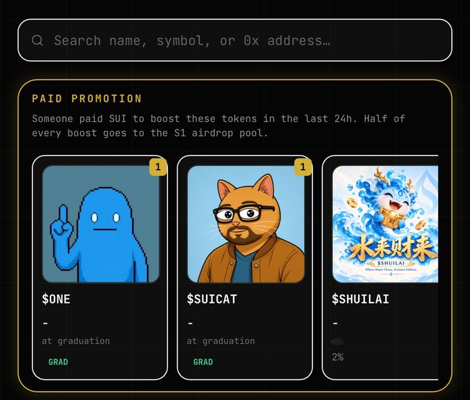 A cryptocurrency interface showing 'PAID PROMOTION' with tokens $ONE, $SUICAT (at graduation), and $SHUILAI.