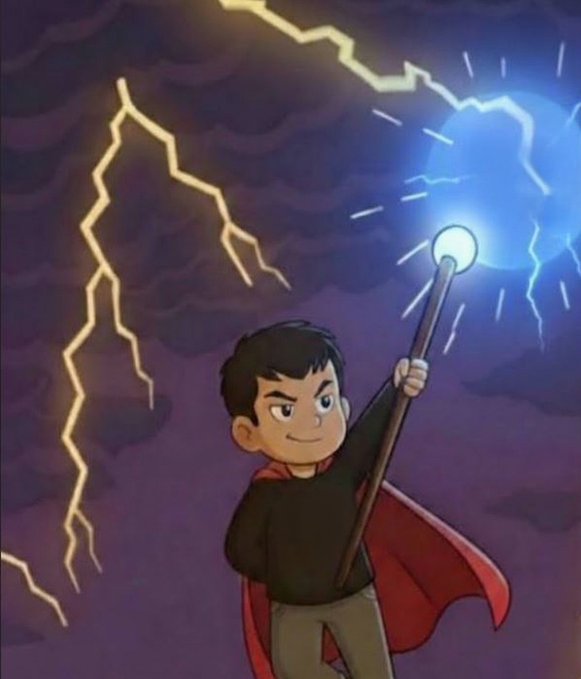 A young boy dressed as a wizard with a red cape holds up a staff that emits a glowing blue orb, summoning yellow lightning bolts in a dark, stormy sky.