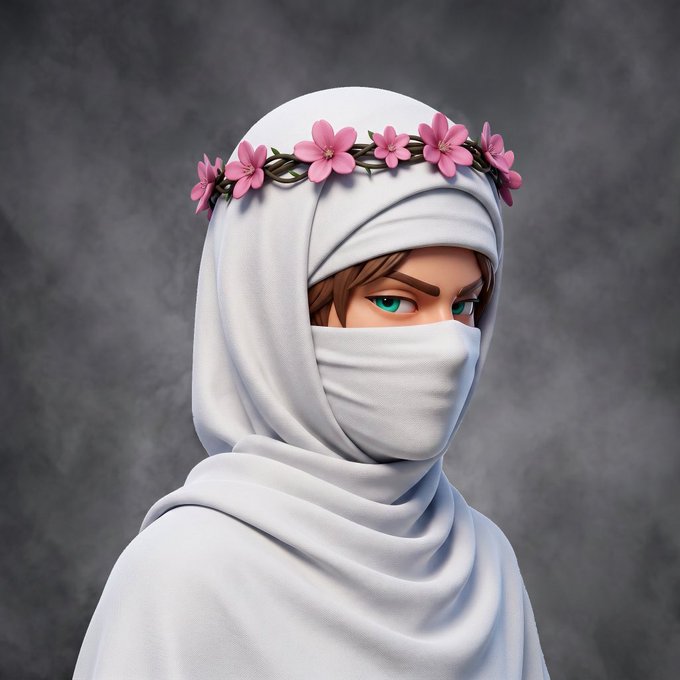 This image features a stylized character wearing a white head covering adorned with a pink flower crown, likely representing an NFT from @noctixnft, as part of a giveaway.
