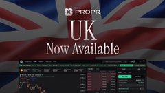 A promotional banner for 'PROPR' announcing 'UK Now Available' overlaid on a UK flag background, with a stock trading interface visible below.