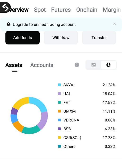 An assets overview dashboard from a crypto trading platform displays a portfolio breakdown, with SKYAI (21.24%), UAI (18.04%), FET (17.59%), UMXM (11.11%), VERONA (8.08%), BSB (6.33%), CSR(SOL) (17.28%), and Others (0.33%) shown—aligning with the post by highlighting FET and VERONA as notable AI tokens in the holdings.