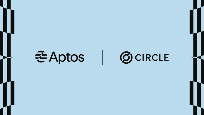 The image displays a light blue background featuring the Aptos logo and name alongside the Circle logo and name, separated by a vertical line, with black geometric patterns along the left and right edges. This visual highlights the partnership between Aptos and Circle, supporting the announcement about CCTP V2 enabling fast native USDC transfers to the Aptos blockchain for onchain financial activities.