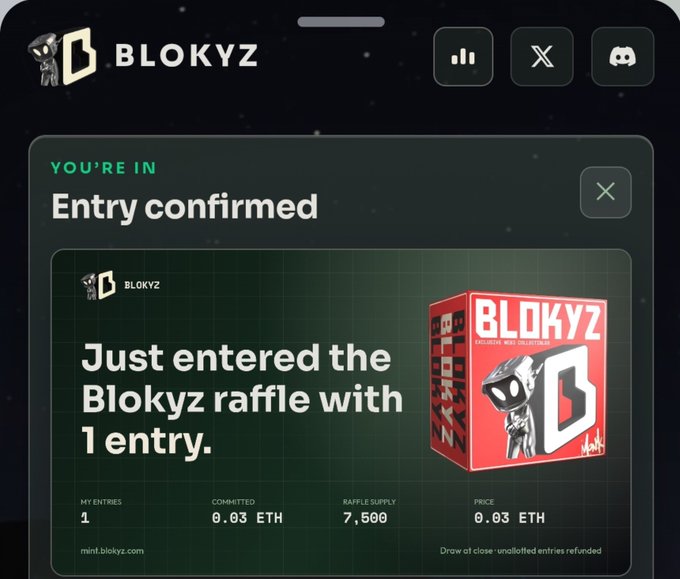 A 'BLOKYZ' website confirmation screen showing 'Entry confirmed' for a raffle with 1 entry, 0.03 ETH committed, 7,500 raffle supply, priced at 0.03 ETH.