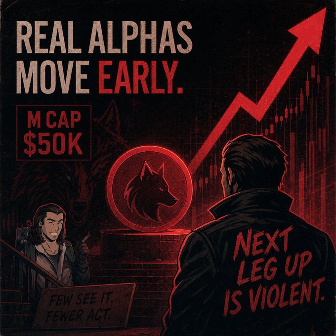 A crypto promotional graphic reads "REAL ALPHAS MOVE EARLY" and "NEXT LEG UP IS VIOLENT" with "M CAP $50K" displayed, featuring a red wolf logo and a character with a sign saying "FEW SEE IT. FEWER ACT."