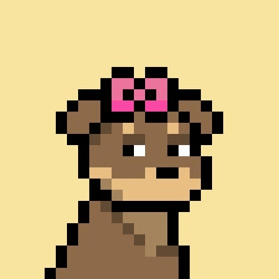 A pixel art illustration of a brown dog with a pink bow on its head against a yellow background.