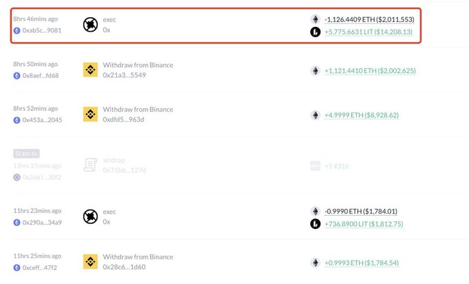 A cryptocurrency transaction history showing recent activities including exec calls (-1.1264409 ETH), withdrawals from Binance, and an airdrop receipt.