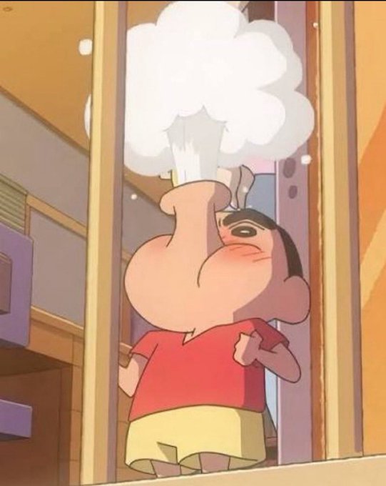 The caption depicts a young character from Crayon Shin-chan, eyes closed and face flushed red, blowing forcefully into a whistle or trumpet with a puff of white smoke rising from it. The image humorously illustrates the post's playful "Bima Train departing" announcement for $BMNR, capturing the toot of a train whistle like Shin-chan's animated outburst.