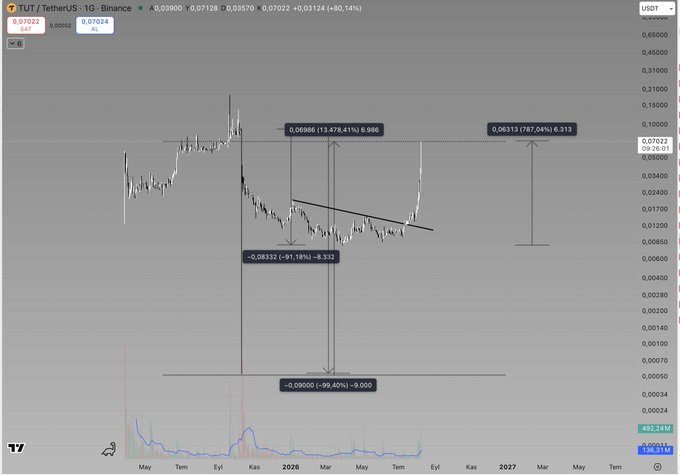 TradingView chart of TUT/TetherUS on Binance showing significant price drops marked with percentage labels (-91.16%, -98.40%, -47.41%) on a daily timeframe from May 2025 to 2027.