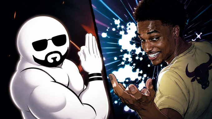 A stylized image showing a white cartoon figure in sunglasses on the left, facing off against a basketball player wearing a Bulls jersey on the right, with energy effects between them.
