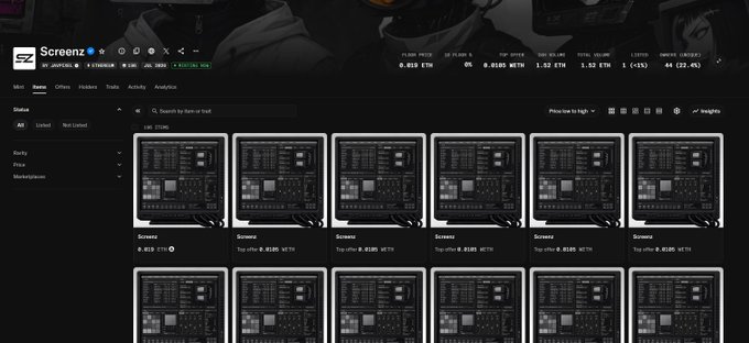 A dark-themed NFT marketplace interface called 'Screenz', showing a grid of grayscale NFT listings featuring what appears to be electronic equipment, with a floor price of 0.013 ETH.