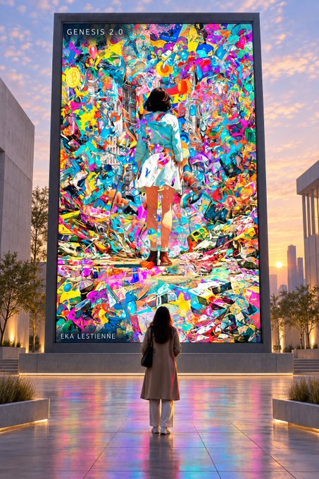 A digital artwork showing a person in a coat looking up at a massive outdoor digital billboard titled 'GENESIS 2.0' by 'EKA LESTIENNE', displaying a colorful, abstract figure against a city skyline at sunset.