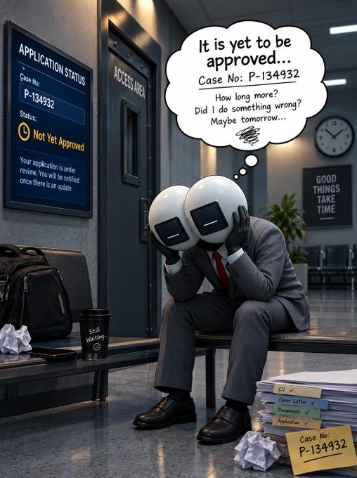 An AI-generated image of a man in a suit with two spherical robotic heads sitting dejectedly in an office, holding his heads in his hands. A thought bubble reads 'It is yet to be approved... Case No: P-134932' with concerns about waiting time, while a status board confirms 'Not Yet Approved' for case P-134932.
