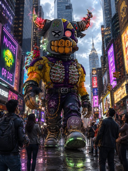 ers of a large, colorful monster statue walk down a busy city street lined with buildings and billboards, accompanied by pedestrians.