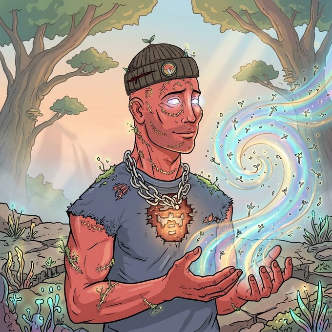 A cartoon illustration depicts a scarred man wearing a beanie and a Bitcoin pendant, holding a glowing magical swirl of energy between his hands in a forest setting.