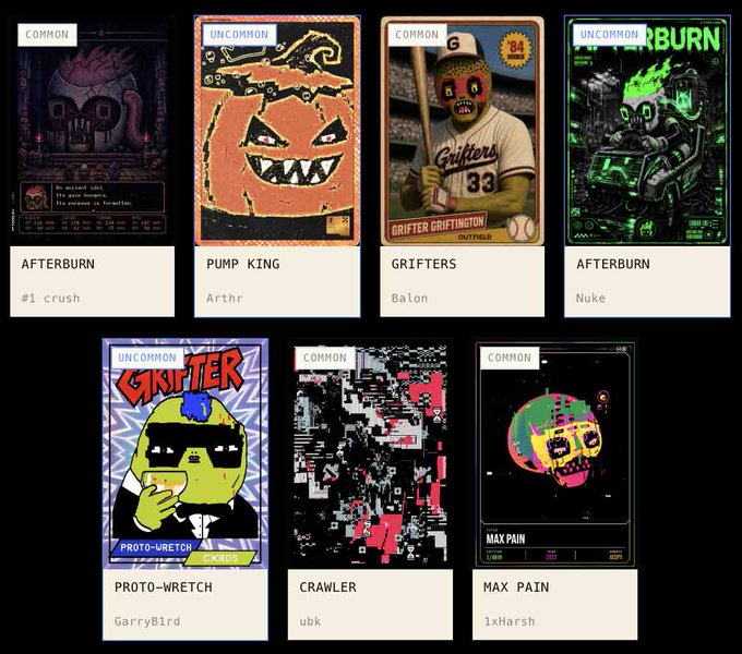A collection of seven digital trading cards titled "AFTERBURN," "PUMP KING," "GRIFTER GRIFFINGTON," "AFTERBURN," "PROTO-WRETCH," "CRAWLER," and "MAX PAIN," featuring various pixel art designs with rarity labels like "COMMON" and "UNCOMMON," each credited to artists such as #1 crush, Arthr, Balon, Nuke, GarryBird, ubk, and 1xHarsh. The image appears to mock the excitement surrounding these NFT-style collectibles, aligning with the caption's sarcastic congratulations to "winners" who participated in this fleeting digital trend.