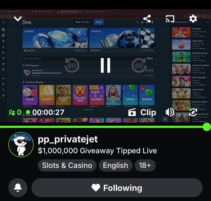 A paused video on Stake.com showing streamer "pp_privatejet" with a "$1,000,000 Giveaway Tipped Live" title, displayed under the Slots & Casino, English, 18+ categories, illustrating the brief 25-30 second stream mentioned in the post.