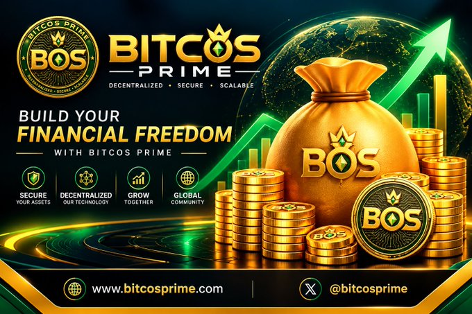A promotional banner for 'BITCOS PRIME' cryptocurrency with a golden money bag labeled 'BOS', surrounded by gold coins and a green upward-trending arrow, featuring the website www.bitcosprime.com and @bitcosprime handle.