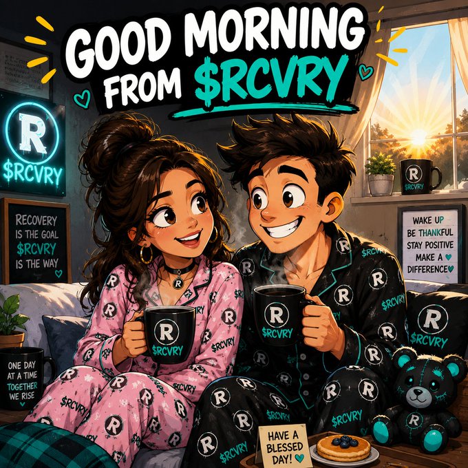 A cartoon illustration promoting '$RCVRY' with the greeting 'GOOD MORNING FROM $RCVRY,' featuring a couple in pajamas holding branded mugs in a cozy morning setting.