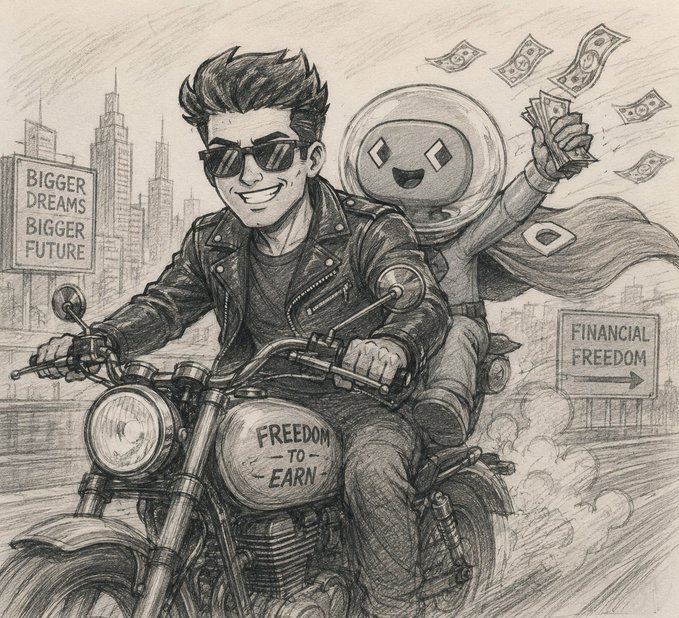 Pencil-sketch illustration of a sunglasses-wearing rider on a motorcycle labeled 'FREEDOM TO EARN' with a happy robot passenger tossing cash, next to signs reading 'Bigger Dreams Bigger Future' and 'Financial Freedom'.