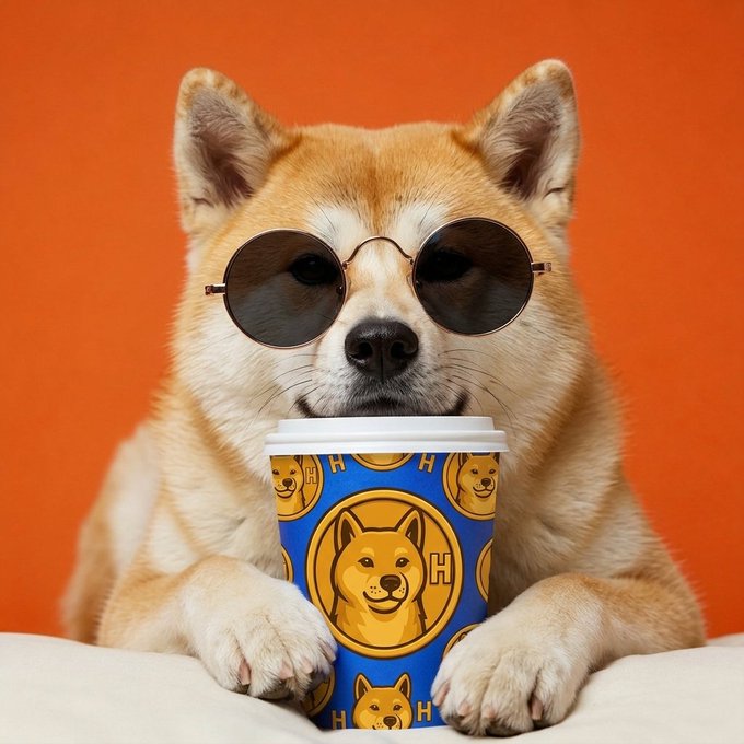 The image features a dog wearing sunglasses and holding a coffee cup with a design of a dog's face on it. The background is orange, which complements the dog's appearance. The caption provided seems unrelated to the main subject matter but includes the words "Greetings" and "let' s remain on the course". This could be an attempt to draw attention to the image or provide context for its content.