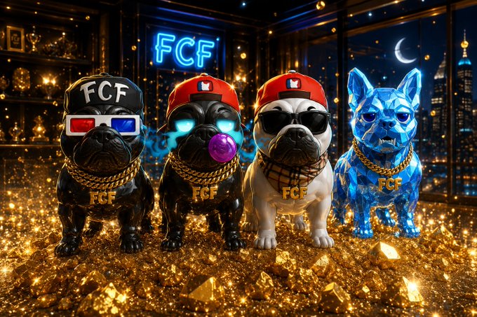 Digital artwork of four French Bulldogs wearing 'FCF' branded accessories including a cap, 3D glasses, a cap with sunglasses, and gold chains, sitting on a pile of gold coins.