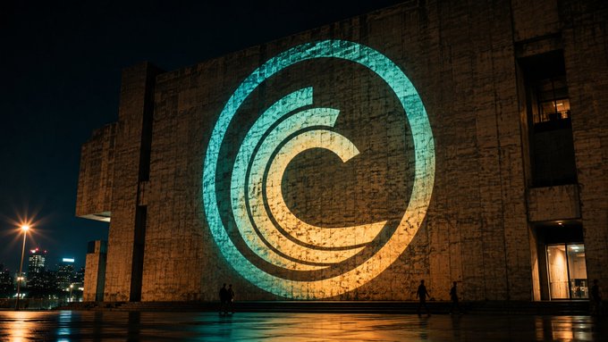 A nighttime view of a stone building with a large illuminated 'C' logo projected onto its facade, featuring teal and yellow colors.