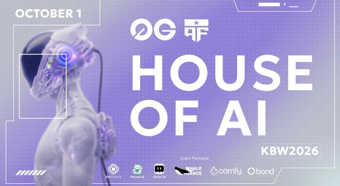A purple promotional graphic for 'HOUSE OF AI' event on OCTOBER 1, featuring event partners logos including ZINDIANCE, Marble AI, Orbbit AI, Whale Dance, comfy, and bond, with KBW2026 label.