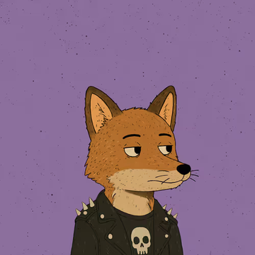 A cartoon illustration of a fox character with a smug expression wearing a black spiked leather jacket with a white skull design on a purple background.