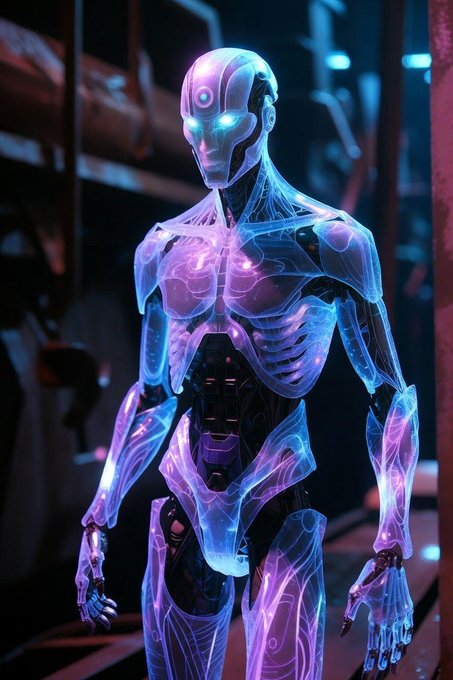A glowing translucent humanoid android stands in a dark industrial setting illuminated by blue, pink, and purple neon lights.