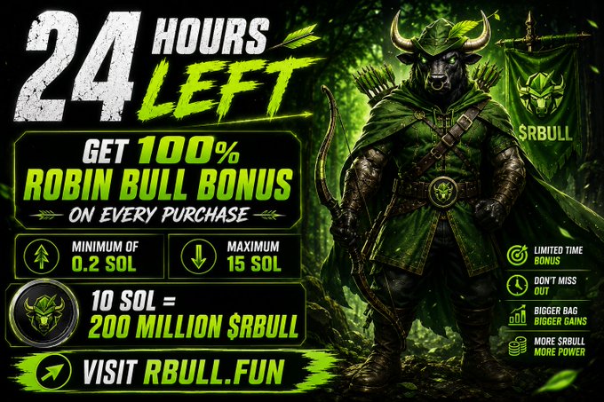 A promotional graphic for $RBULL token features a green-clad bull archer and announces "24 HOURS LEFT" with a "100% ROBIN BULL BONUS" on purchases, specifying a minimum of 0.2 SOL and maximum of 10 SOL (yielding 200M $RBULL), directing users to visit RBULL.FUN—matching the post's urgency about not missing out on this meme coin after missing $ANSEM and $CASHCAT.