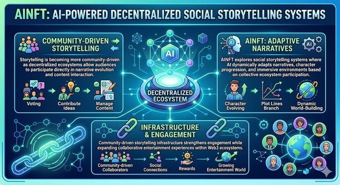 The image features a vibrant, colorful poster or comic strip depicting different aspects of Storytelling and AI technology. The focus of the illustration appears to be on the idea of AI-powered decentralized social storytelling systems that promote community involvement and interaction within a network ecosystem. This innovative approach to Storytelling allows audiences to actively participate in the evolution and development of narrative content, making it an engaging and interactive experience for all.