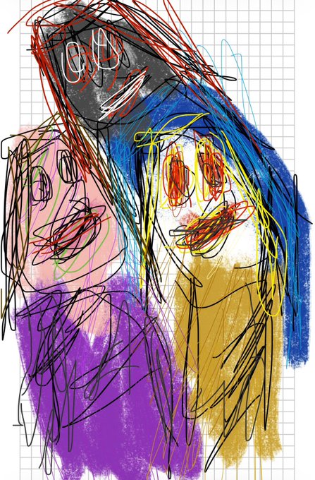 A crude, child-like digital scribble drawing on grid paper showing two figures with scribbled faces in purple, blue, and yellow/orange colors.