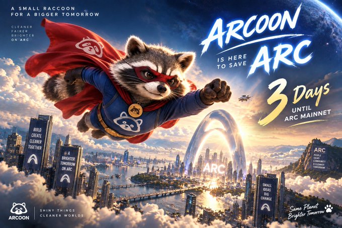 A promotional graphic for 'ARCOON ARC' featuring a raccoon superhero in a red cape and blue suit flying over a futuristic city, with text reading 'IS HERE TO SAVE ARC' and '3 Days Until ARC Mainnet'.