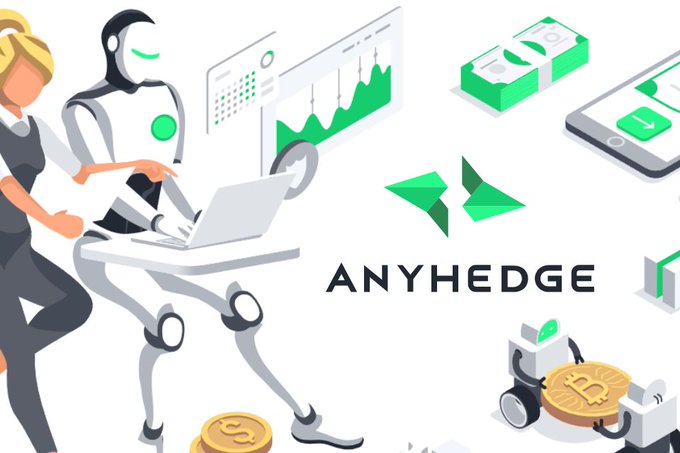 An illustration of a woman and a robot working on a laptop with the text 'ANYHEDGE', alongside graphics of charts, money, and a Bitcoin coin.