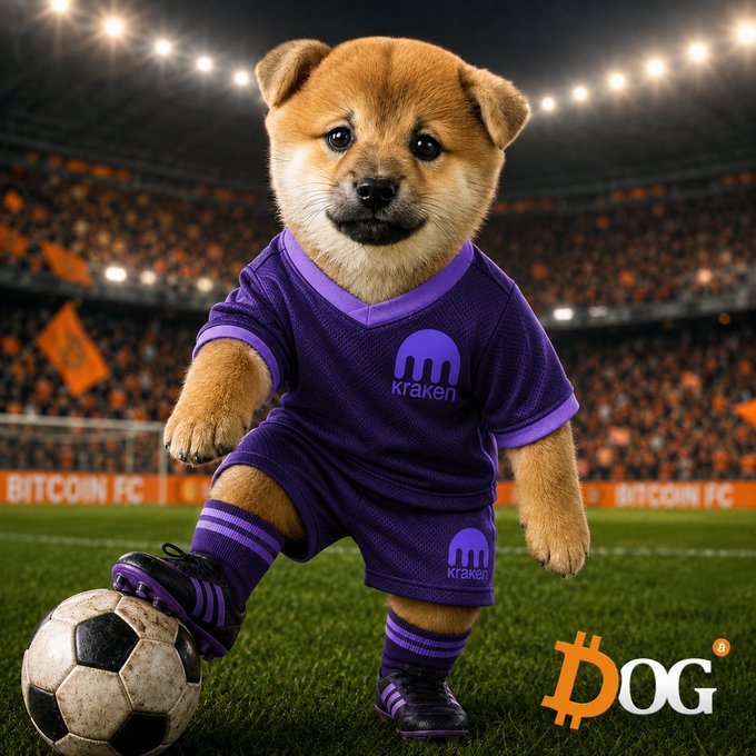 The image features a small brown dog dressed in purple soccer gear, standing on a soccer field with a soccer ball at its feet. The background of the image shows an empty stadium filled with spectators. The caption for the image reads "DOG @krakenfx".