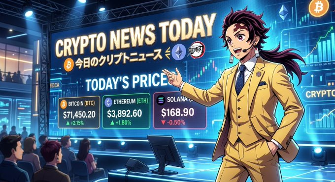 An anime-style illustration of a presenter in a yellow suit hosting 'CRYPTO NEWS TODAY', displaying today's prices: Bitcoin (BTC) at $71,450.20 (+2.15%), Ethereum (ETH) at $3,892.60 (+1.80%), and Solana at $168.90 (-0.50%).