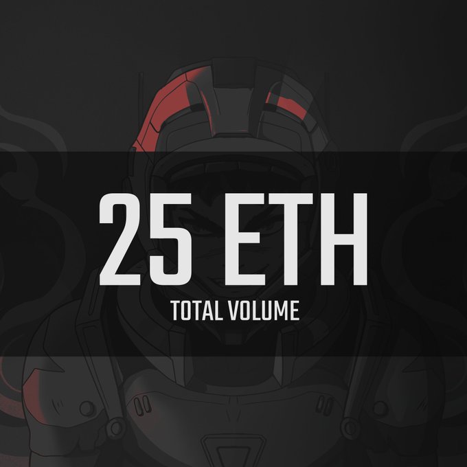 The image features a figure wearing a helmet with the words "25 Eth Total Volume" displayed at the top of the frame. The text emphasizes that they have already achieved this milestone, which represents a significant achievement for the team and everyone involved. The overall atmosphere suggests excitement and anticipation as the race progresses or when the post is shared with friends, family, or followers on social media platforms to celebrate their success in achieving the first 25 ether total volume milestone together.