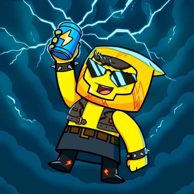 A cartoon yellow character with spiked sunglasses and a studded vest triumphantly holds up a blue energy drink can against a stormy, lightning-filled background. The image appears to be promotional artwork for a "Spin the Wheel" NFT-style game, with the character embodying the bold, electric energy of the spin-the-wheel experience promoted in the caption.