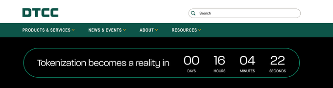The image is a screenshot from the DTCC website featuring a countdown timer showing "00 DAYS 16 HOURS 04 MINUTES 22 SECONDS" until tokenization becomes a reality, aligning with the post's claim that DTCC has activated Stellar ($XLM) tokenization rails.