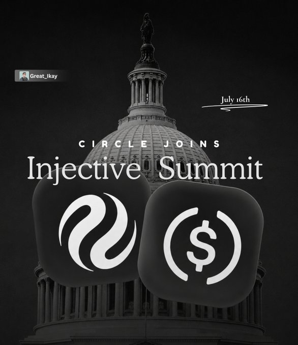 The image is a black and white promotional graphic featuring the U.S. Capitol dome with two large app icons (a flame logo and the USDC dollar symbol) overlaid in the center. The text reads "CIRCLE JOINS Injective Summit July 16th," with a Twitter handle "@Great_lkay" in the upper left, visually reinforcing the announcement of Circle's participation in the upcoming INJ Summit and the growing USDC integration with Injective.