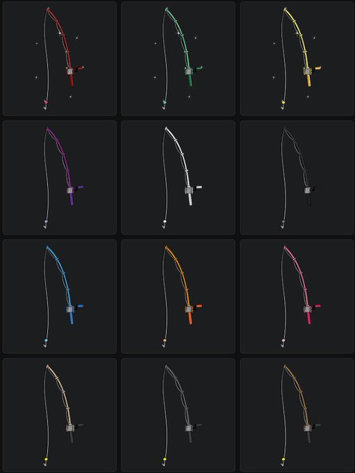 A 3x4 grid of low-poly fishing rod models against a dark background, displayed in various colors including red, green, yellow, purple, white, blue, orange, and pink.