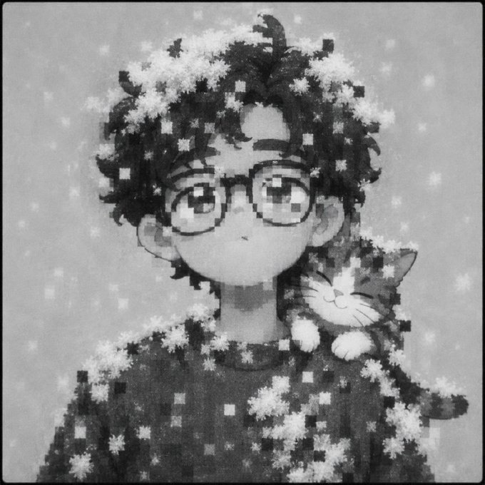 A pixel-art style illustration in black and white showing a person with curly hair and glasses with a small cat perched on their shoulder, surrounded by snowflake-like sparkles.