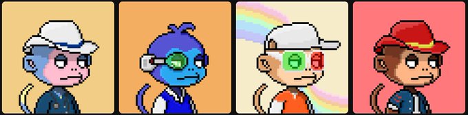 Four pixel art character panels showing a monkey-like figure in different variations: one in a white cap, one in blue with a tail, one with money symbols for eyes wearing a white cap, and one wearing a red cap.