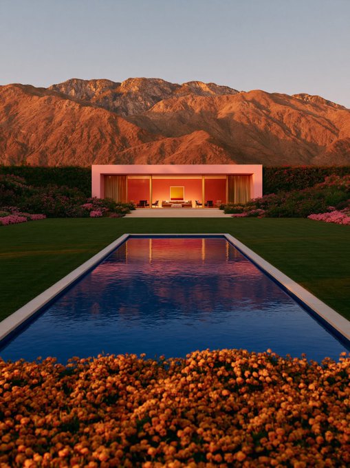 A modernist desert home with an open patio sits behind a long rectangular pool, framed by mountains glowing orange at sunset and orange flowers in the foreground.